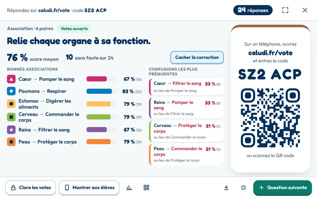 Écran projeté d'une association en direct : score moyen, taux de bonnes associations par paire et confusions