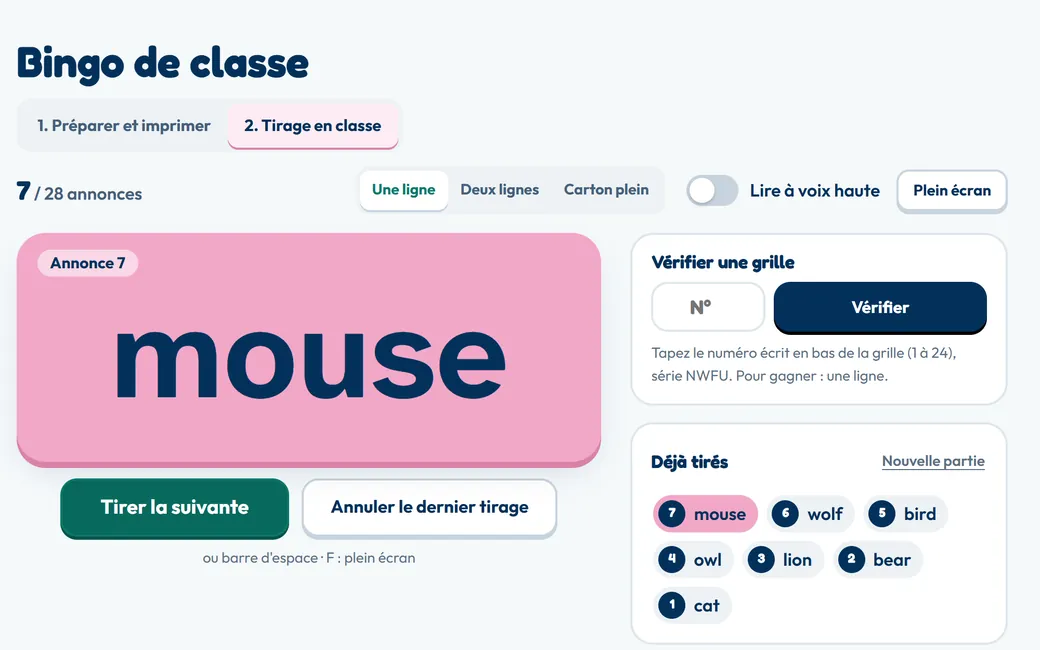 Tirage du bingo projeté : l'annonce en grand et l'historique des annonces