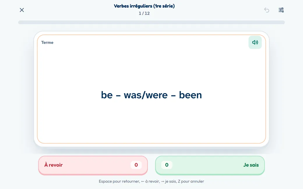 Mode Cartes : une carte de révision « be – was/were – been », boutons À revoir et Je sais