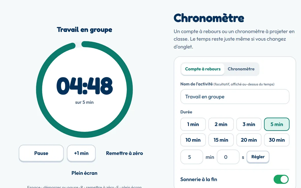 Compte à rebours de 5 minutes pour un travail en groupe, avec son cadran et le bouton Pause