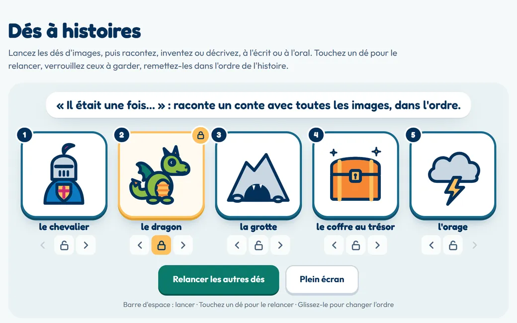 Cinq dés à histoires lancés, dont un verrouillé, avec la consigne « Il était une fois… »