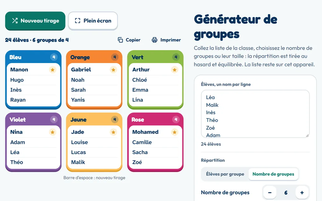 Une classe de 24 élèves répartie en 6 groupes de couleur, avec un responsable par groupe