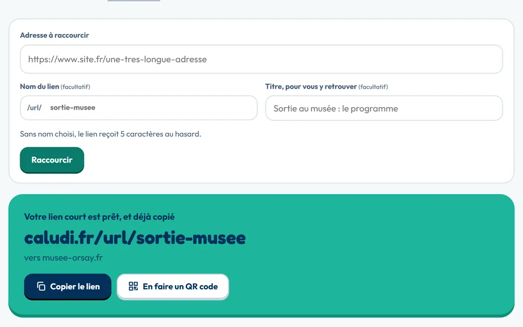 Un lien court caludi.fr/url/sortie-musee tout juste créé, prêt à copier ou à transformer en QR code