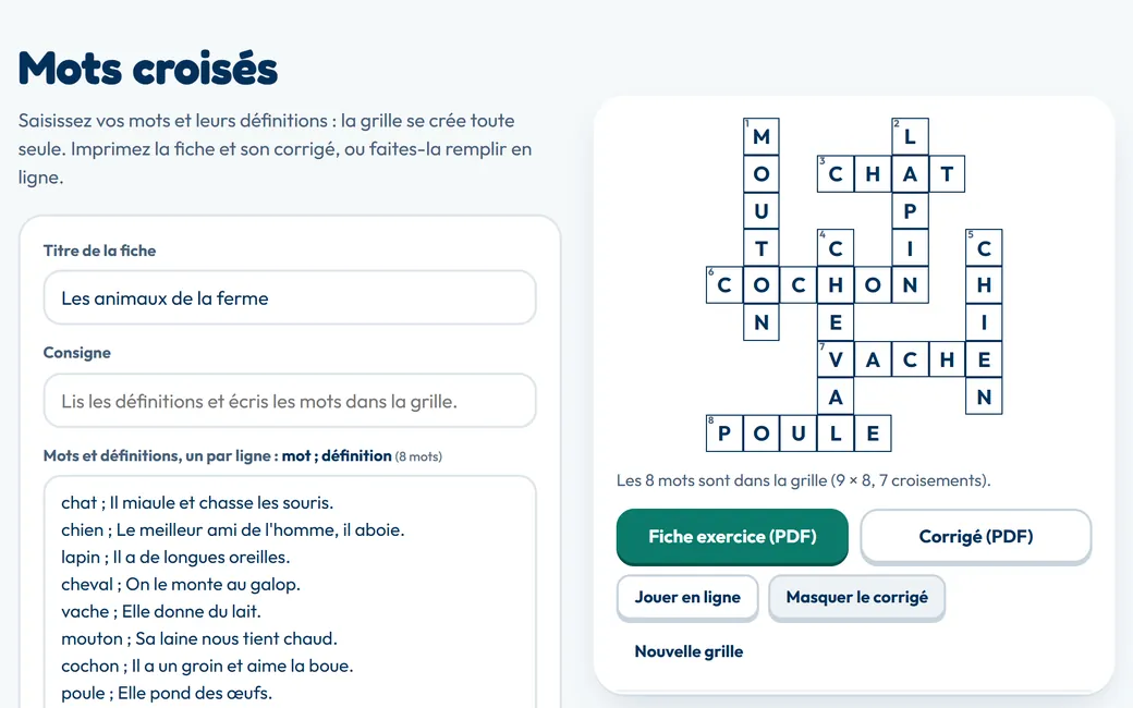 Grille de mots croisés sur les animaux de la ferme, numérotée, avec le corrigé affiché