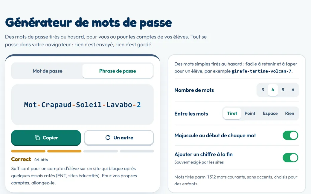 Générateur en mode phrase de passe, avec l'indicateur de robustesse