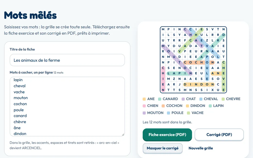 Grille de mots mêlés sur les animaux de la ferme, corrigé affiché, boutons PDF