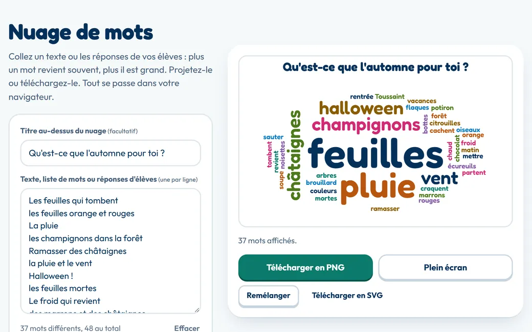 Nuage de mots des réponses d'élèves à « Qu'est-ce que l'automne pour toi ? », feuilles au centre