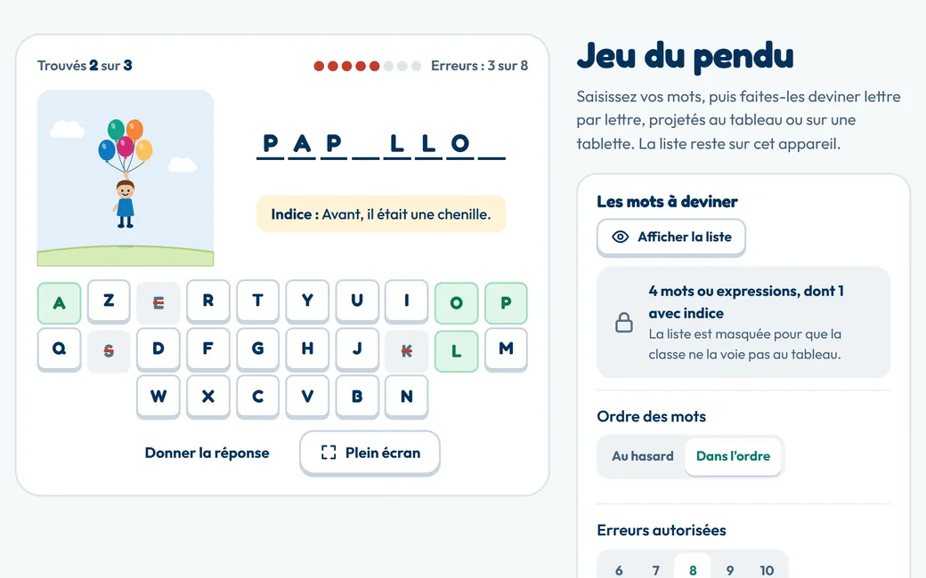 Partie de mot mystère en cours avec un indice, l'enfant ne tient plus que cinq ballons