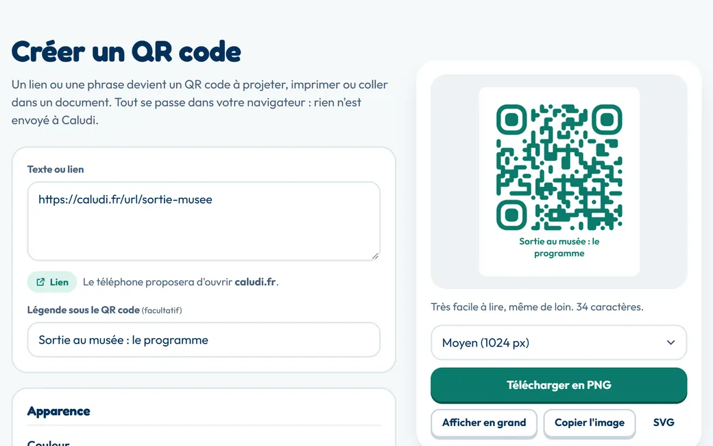 Création d'un QR code turquoise pour un lien, avec sa légende et le bouton Télécharger en PNG