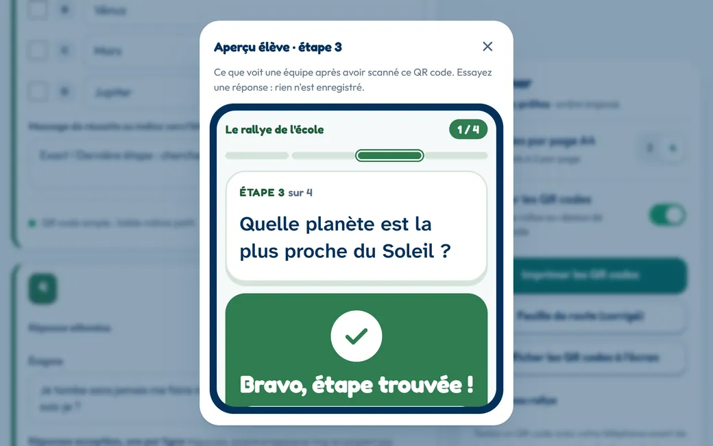 Étape d'un rallye sur téléphone : l'énigme, les propositions et le message de réussite