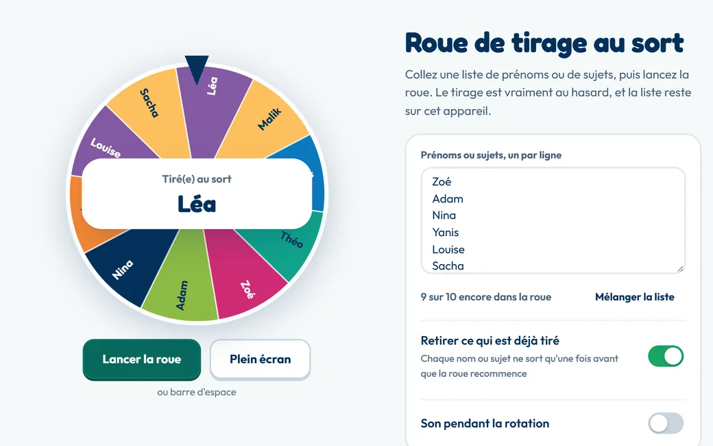 La roue de tirage au sort avec dix prénoms, Malik vient d'être tiré