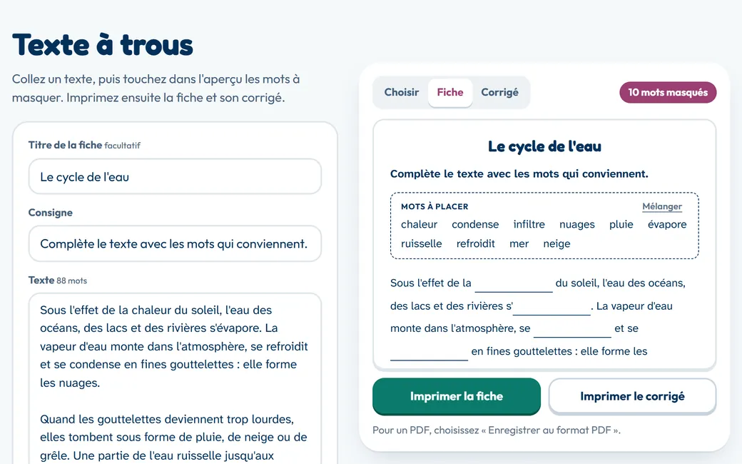Fiche de texte à trous sur le cycle de l'eau, avec dix mots masqués